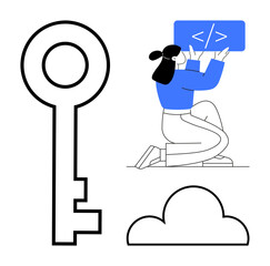 Wall Mural - woman kneeling while coding, large key symbolizing security, and cloud representing cloud solutions.