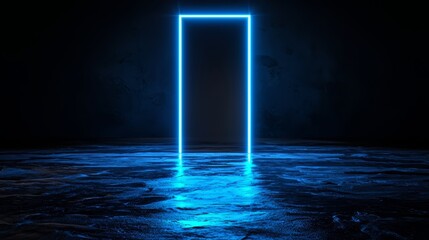 Wall Mural - blue lighted door is in the middle of a dark room. the blue light is shining on the door, making it 