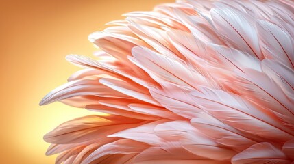 Wall Mural - close up of a pink feather with a yellow background. the feather is the main focus of the image, and