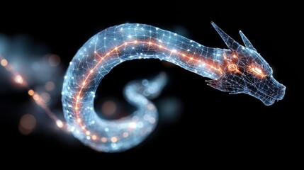 Wall Mural - dragon with glowing eyes and a long body. the dragon is made of wires and lights. the image has a fu