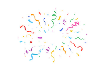 Festive colorful confetti and ribbons falling on transparent background. Celebration and event decor vector illustration. Celebration carnival ribbons. Holiday and birthday elements.