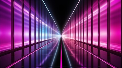 Wall Mural - long, narrow hallway with pink and blue lights illuminating the space. the lights are on, creating a