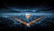 © musthofa - Cityscape with a protective shield. A nighttime city view with an orange shield hovering above