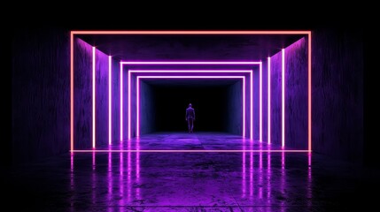 Wall Mural - man walks through a dark room with purple and red lights. the room is long and narrow, and the light