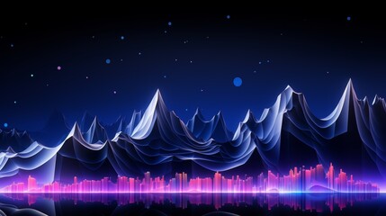 Wall Mural - mountain range with a city in the distance. the city is lit up in neon colors. the mountains are tal