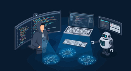 Cybersecurity illustration with a hacker coding and a robot offering assistance on a secure network