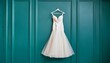 © Marie K - elegant wedding dress hanging on teal wall