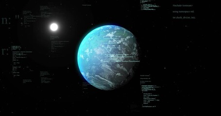 Wall Mural - fixed camera view initiating rotating planet and drifting code blocks visualizing data in space