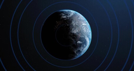 Wall Mural - on start earth rotating eastward under static concentric rings revealing day-night cycle
