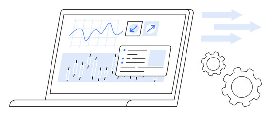 Laptop displaying charts, graphs, and interactive interface with data insights. Gears and arrows suggest process optimization. Ideal for tech, analytics, workflow, automation, efficiency research