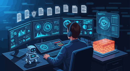 Engineer developing innovative secure web applications with the assistance of AI technology and modern interface for digital transformation