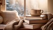 © RHONDA - cozy reading session with coffee books and warm blanket