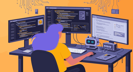 Female software developer working on multiple monitors in a tech environment