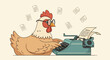 © RIKO - Humorous cartoon of a chicken wearing glasses typing on a vintage typewriter