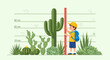 © RIKO - Illustration depicting a boy measuring a cactus with a ruler showing plant heights