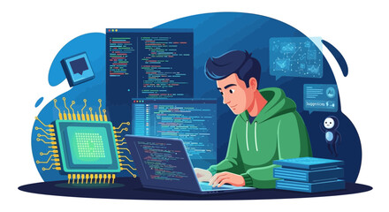Illustration depicting a software developer working on code with artificial intelligence assistance showcasing modern technology