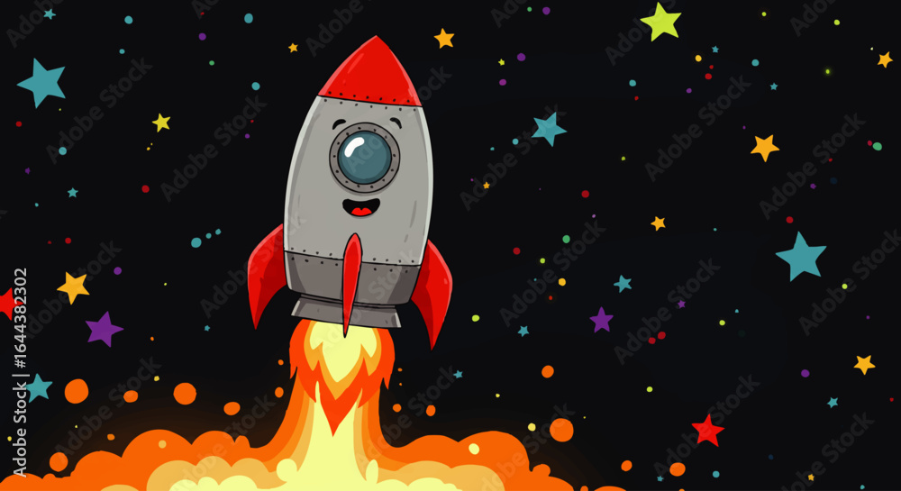 Cartoon Rocket Ship Launching with Fiery Exhaust and Starry Space ...