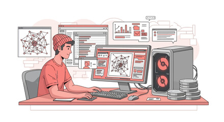 Illustration of a male developer working on a computer with various open windows displaying code and data