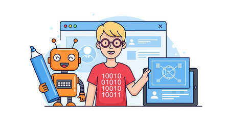 Illustration of a developer, robot and application interfaces showcasing technology