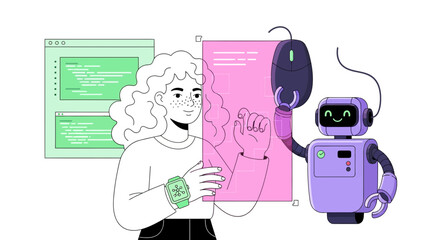 illustration of a programmer interacting with a robot assistant and digital interface
