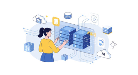 Illustration of a female server administrator managing data servers in the cloud environment