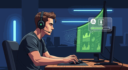 Illustration of a Focused Young Man Working on a Computer with Data Graphics