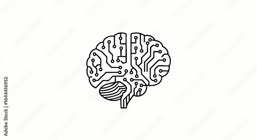 Minimalist black line art of a human brain stylized as a digital ...