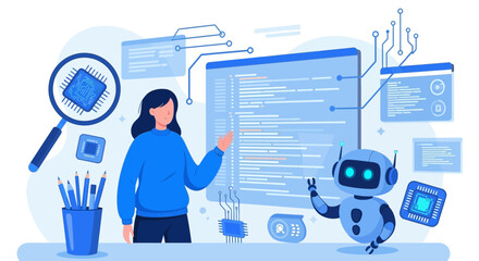 Illustration of a woman coding with a robot assistant for automated software development