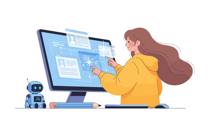 Illustration of a woman interacting with a digital interface alongside a robot technology showing a futuristic ai development concept