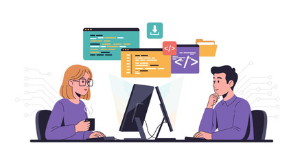 Illustration of two programmers coding and developing software in a collaborative environment