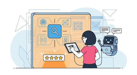 Illustration of a woman interacting with an application, with an assistant chatbot, promoting user experience
