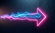 © joeycheung - Vibrant neon arrow with dynamic blue and pink energy trails against a dark, textured wall, illustrating progress and speed.