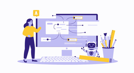 Innovative design process illustration featuring a woman and an assisting robot working on user interface development