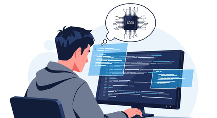 Man developing software, programmer coding on computer, software engineer concept with chip in mind bubble is coding software