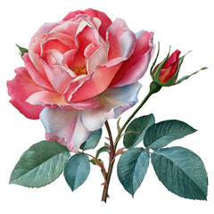 Wall Mural - Beautiful pink rose with green leaves, isolated on a white background.