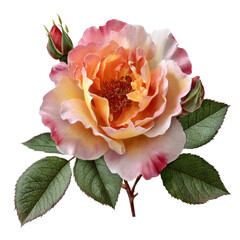 Wall Mural - Beautiful rose flower with soft petals and green leaves on white isolate background.