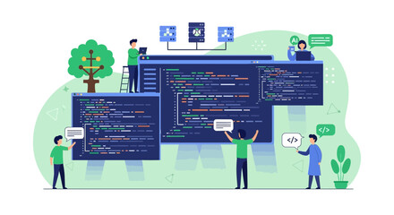 Teamwork in software development to reach success in artificial intelligence programming and coding with a happy employee using coding and databases