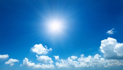 bright sun shining in clear blue sky with fluffy white clouds perfect summer day background image st