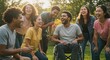 © Vyatcheslav - Group of diverse friends laughing outdoors with man in wheelchair, lifestyle style, concept of friendship and inclusion, use for community themes, horizontal