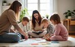 © wu - Small nursery school children with teacher sitting on floor having lesson. High quality