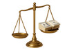 © gagaphoto - Golden scale balancing money and justice on transparent background
