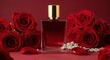 © Khadim - Luxury perfume bottle with red roses and pearls on a red background