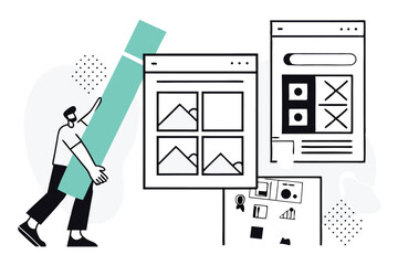 designer creating a website layout with wireframes and a large green element
