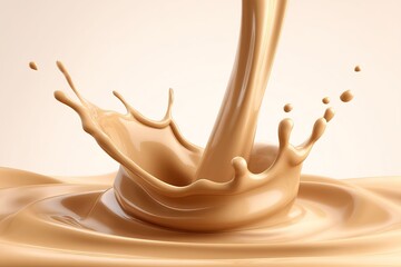 Canvas Print - Beige liquid flowing down, creating a crown-shaped splash, with a smooth, rippled surface