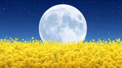Wall Mural - a yellow field is bathed in the soft glow of a full moon, set against a star-filled night sky that f