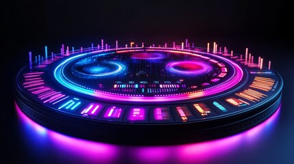 A 3D render of a futuristic circular interface with glowing neon lights for websites or blogs to represent data, innovation, or a high-tech concept
