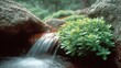 © BOJOShop - Lush green foliage beside a smooth waterfall cascading over rocks Nature
