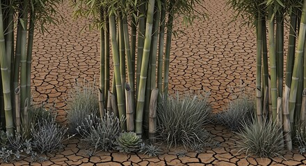 Bamboo trees grow in a dry and cracked environment with small bushes