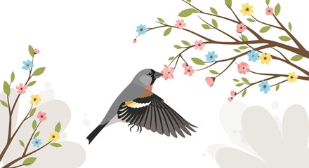 bird in flight near a branch with blooming flowers in spring season