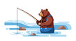 © RADITA - Cartoon illustration of a bear fishing in a river with a fishing rod and wearing blue overalls